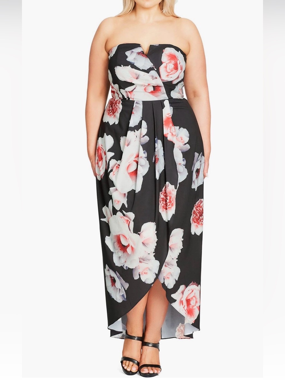 City Chic Strapless Black and Pink Floral Dress